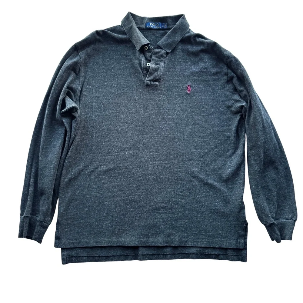 POLO RALPH LAUREN Dark Grey Long Sleeve Polo Shirt - size L
